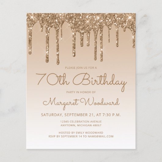 Budget Glitter Drip Gold 70th Birthday Invitation (Voorkant)