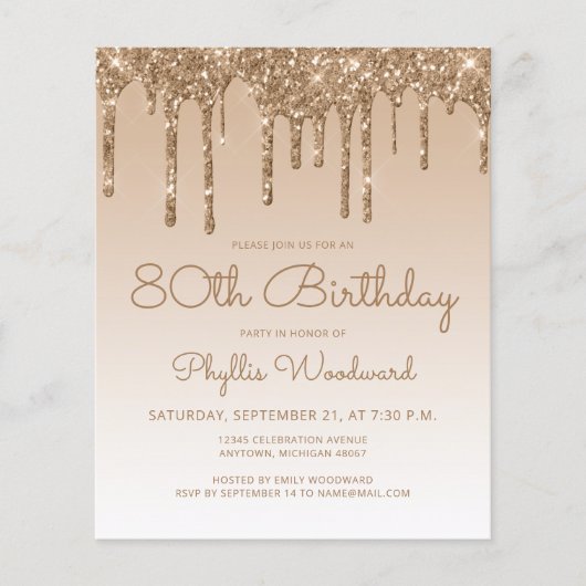 Budget Glitter Drip Gold 80th Birthday Invitation (Voorkant)