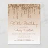 Budget Glitter Drip Goud 90ste verjaardag Uitnodig (Voorkant)