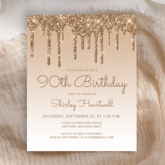 Budget Glitter Drip Goud 90ste Verjaardagsuitnodig