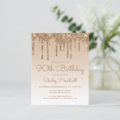 Budget Glitter Drip Goud 90ste Verjaardagsuitnodig (Staand voorkant)