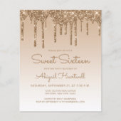 Budget Glitter Drip Goud Sweet 16 Uitnodiging (Voorkant)