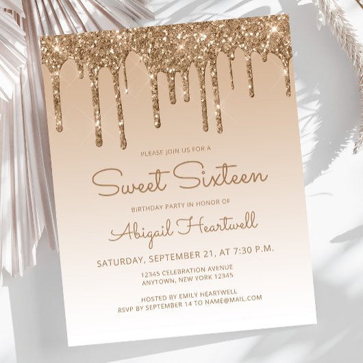 Budget Glitter Drip Goud Sweet 16 Uitnodiging