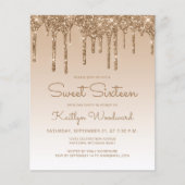 Budget Glitter Drip Goud Sweet 16 Uitnodiging (Voorkant)