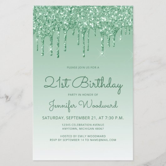 Budget Glitter Drip Green 21st Birthday Uitnodigin (Voorkant)
