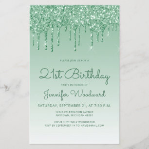Budget Glitter Drip Green 21st Birthday Uitnodigin