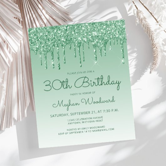 Budget Glitter Drip Green 30th Birthday Invitation