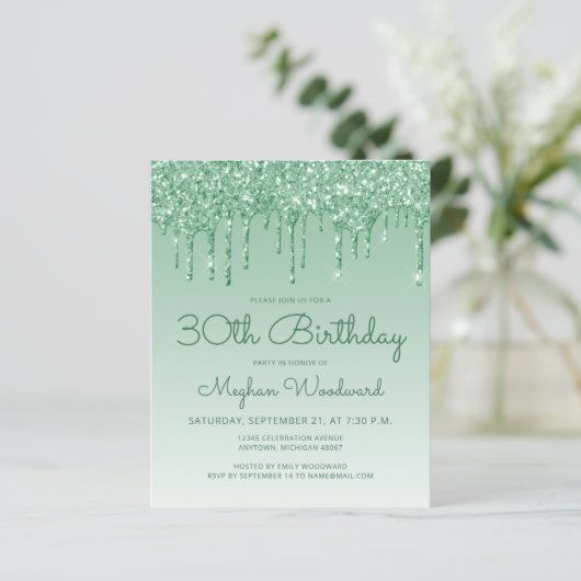 Budget Glitter Drip Green 30th Birthday Invitation (Staand voorkant)