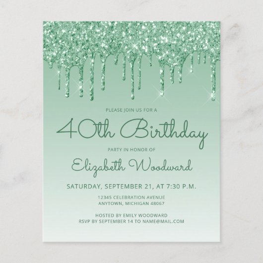 Budget Glitter Drip Green 40th Birthday Invitation (Voorkant)