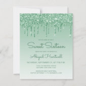 Budget Glitter Drip Groen Sweet 16 Uitnodiging (Voorkant)