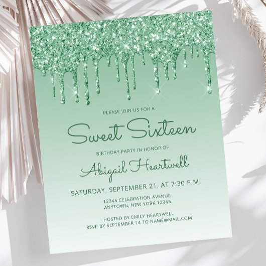Budget Glitter Drip Groen Sweet 16 Uitnodiging