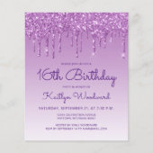 Budget Glitter Drip Paars 16e verjaardag Uitnodigi (Voorkant)