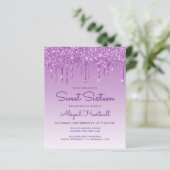 Budget Glitter Drip Paarse Sweet 16 Uitnodiging (Staand voorkant)
