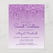 Budget Glitter Drip Paarse Sweet 16 Uitnodiging (Voorkant)