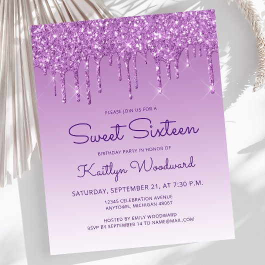 Budget Glitter Drip Paarse Sweet 16 Uitnodiging