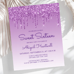 Budget Glitter Drip Paarse Sweet 16 Uitnodiging