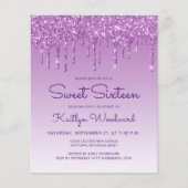 Budget Glitter Drip Paarse Sweet 16 Uitnodiging (Voorkant)