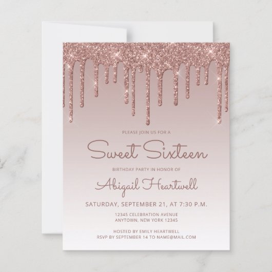 Budget Glitter Drip Roos Gold Sweet 16 Invitation (Voorkant)