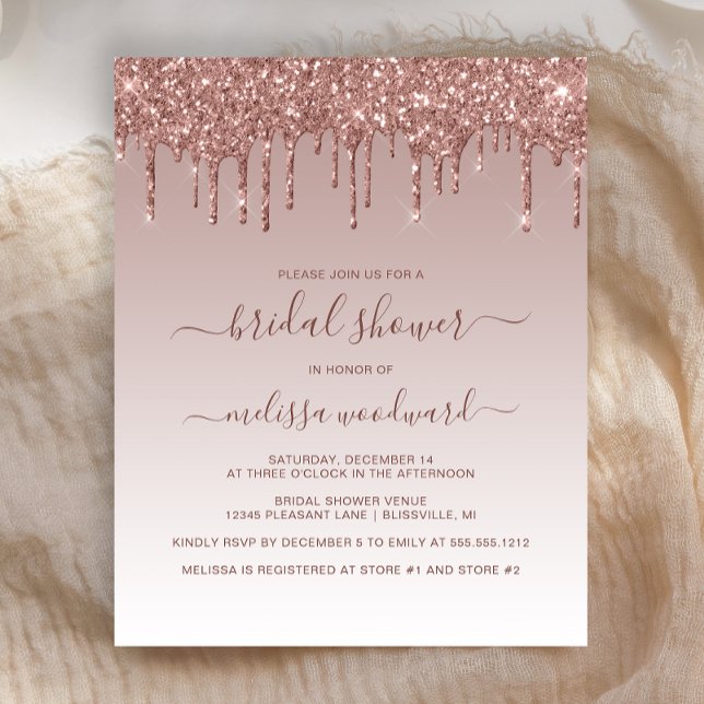 Budget Glitter Drip Rose Gold Bruidsuitnodiging (Creator heeft geüpload)