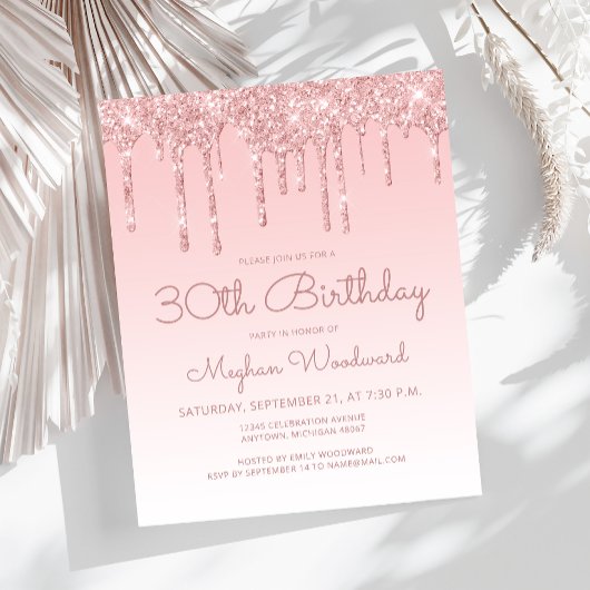 Budget Glitter Drip Roze 30th Verjaardagsuitnodigi