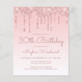 Budget Glitter Drip Roze 30th Verjaardagsuitnodigi (Voorkant)
