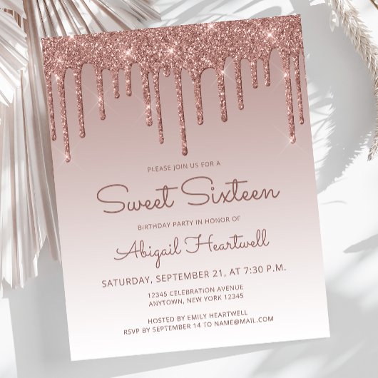 Budget Glitter Drip Roze Goud Sweet 16 Uitnodiging