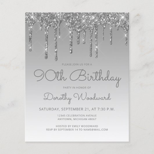 Budget Glitter Drip Zilver 90ste Verjaardag (Voorkant)