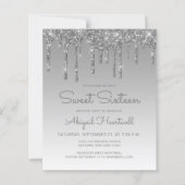 Budget Glitter Drip Zilver Sweet 16 Uitnodiging (Voorkant)