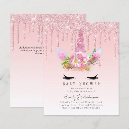 BUDGET Glitter Eenhoorn Meisje Baby Shower Uitnodi (Voorkant / Achterkant)