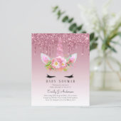 BUDGET Glitter Eenhoorn Meisje Baby Shower Uitnodi (Staand voorkant)