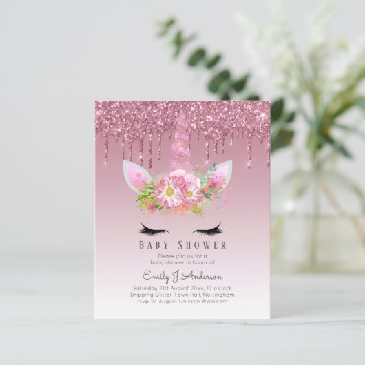 BUDGET Glitter Eenhoorn Meisje Baby Shower Uitnodi (Staand voorkant)