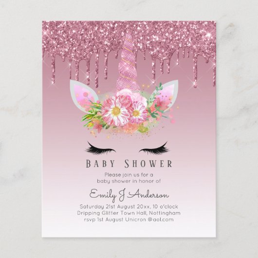 BUDGET Glitter Eenhoorn Meisje Baby Shower Uitnodi (Voorkant)