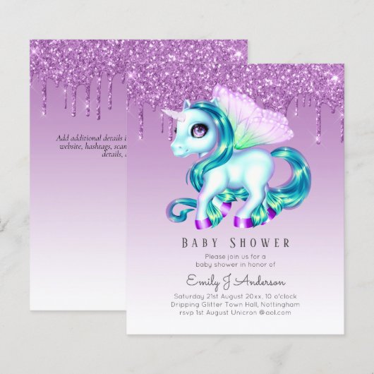 BUDGET Glitter Eenhoorn Meisje Baby Shower Uitnodi (Voorkant / Achterkant)
