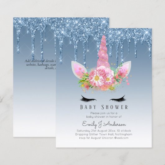 BUDGET Glitter Eenhoorn Meisje Baby Shower Uitnodi (Voorkant / Achterkant)