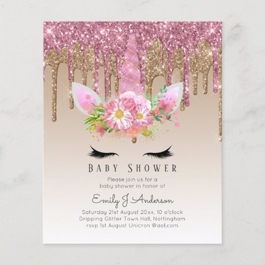 BUDGET Glitter Eenhoorn Meisje Baby Shower Uitnodi Flyer (Voorkant)