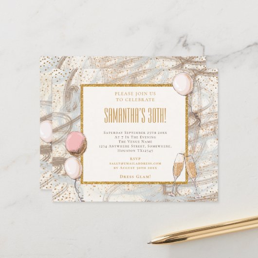 Budget Glitter Girl 30th Party Birthday Invitation (Voorkant / Achterkant in situ)