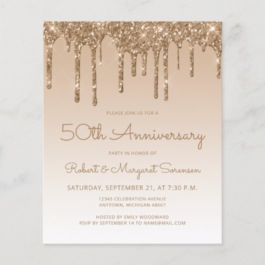 Budget Glitter Gold 50e Jubileum Uitnodiging (Voorkant)