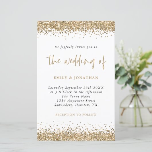 Budget Glitter Gold Confetti Wedding Invitation (Staand voorkant)