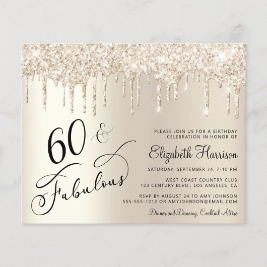 Budget Glitter Goud 60e Verjaardag Feest Uitnodigi (Voorkant)