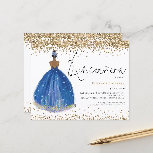 Budget Glitter Navy Dress Girl Quinceanera Invite (Voorkant / Achterkant in situ)