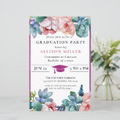 Budget Glitter Pink Floral Afstuderen Uitnodiging (Staand voorkant)