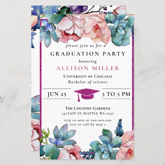 Budget Glitter Pink Floral Afstuderen Uitnodiging (Voorkant / Achterkant)