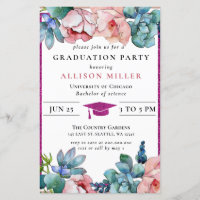 Budget Glitter Pink Floral Afstuderen Uitnodiging