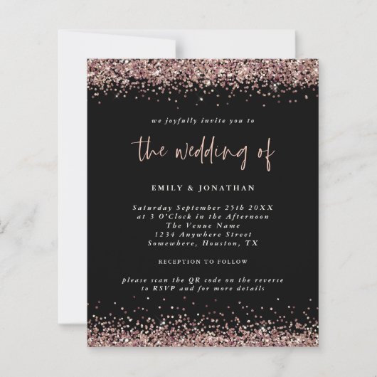 Budget Glitter Roos Gold Wedding QR Code Uitnodige (Voorkant)