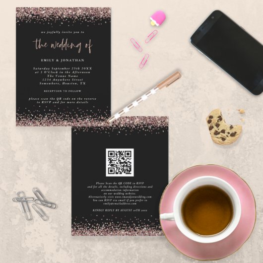 Budget Glitter Roos Gold Wedding QR Code Uitnodige