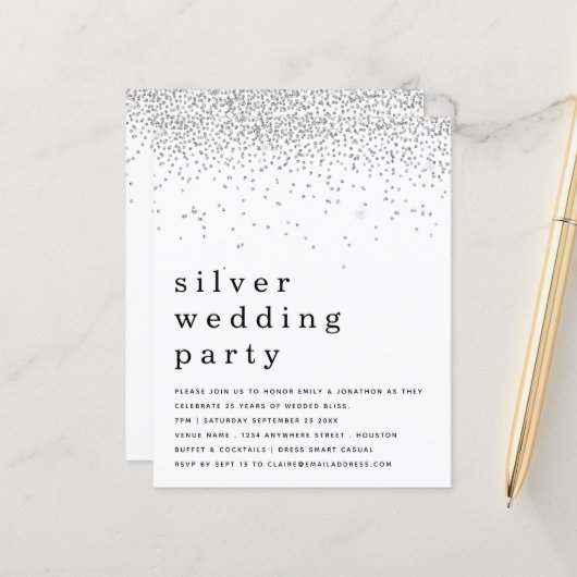 Budget Glitter Silver Wedding Party nodigt uit (Voorkant / Achterkant in situ)