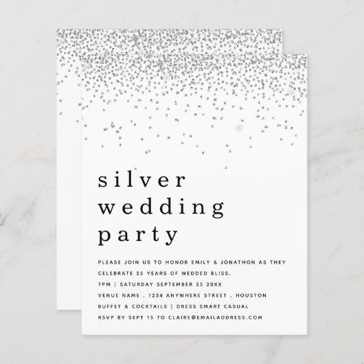 Budget Glitter Silver Wedding Party nodigt uit (Voorkant / Achterkant)