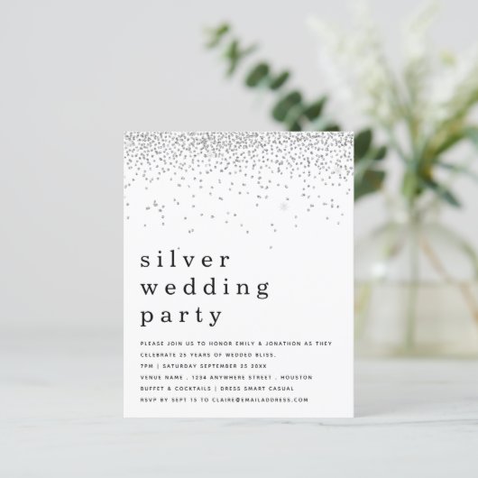 Budget Glitter Silver Wedding Party nodigt uit (Staand voorkant)