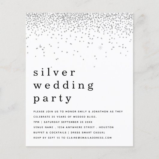 Budget Glitter Silver Wedding Party nodigt uit (Voorkant)