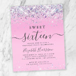 Budget Glitter Sweet 16 Birthday Party Invitation<br><div class="desc">Een budgetvriendelijke 16e verjaardagsfeestuitnodiging met een dunne holografische paarse,  roze en zilveren faux glitter confetti tegen een roze achtergrond en "Sweet Sixteen" in een mix van elegante zachte grijze typografie en een trendy script met swashes.</div>